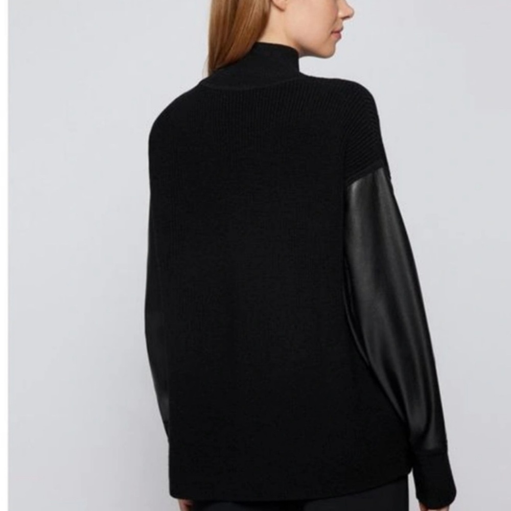 Hugo Boss Black Turtleneck Sweater with Leather Sleeves - Picture 3 of 10